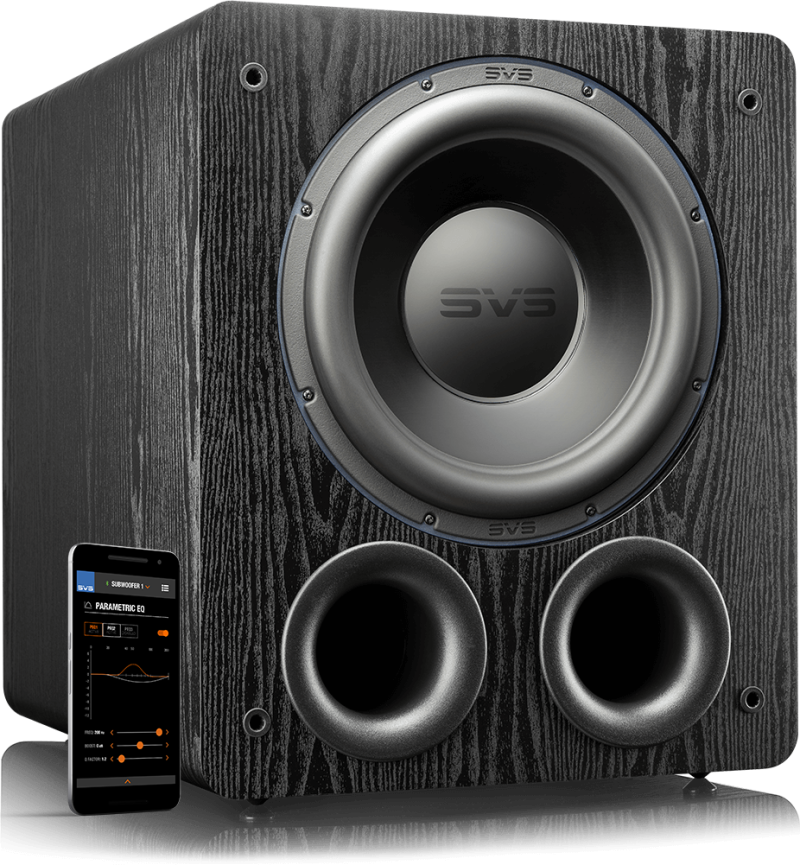 SVS PB-3000 Subwoofer Black Ash — front view with app