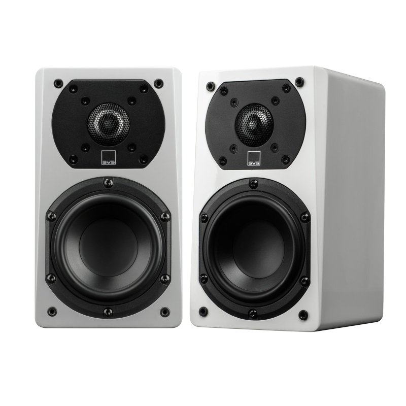 SVS Prime Satellite speakers in Piano Gloss White, front view, grilles removed
