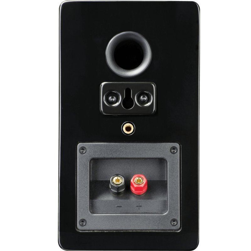 SVS Prime Satellite rear panel showing port, keyhole wall mount and binding posts (black cabinet shown)