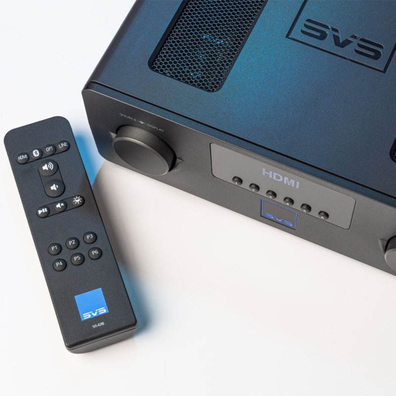 SVS Prime Wireless Pro Soundbase — lifestyle with remote