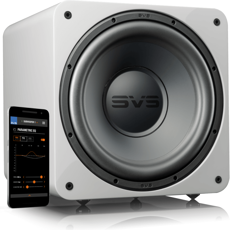 SVS SB-1000 Pro Subwoofer White Gloss — angled view with SVS app