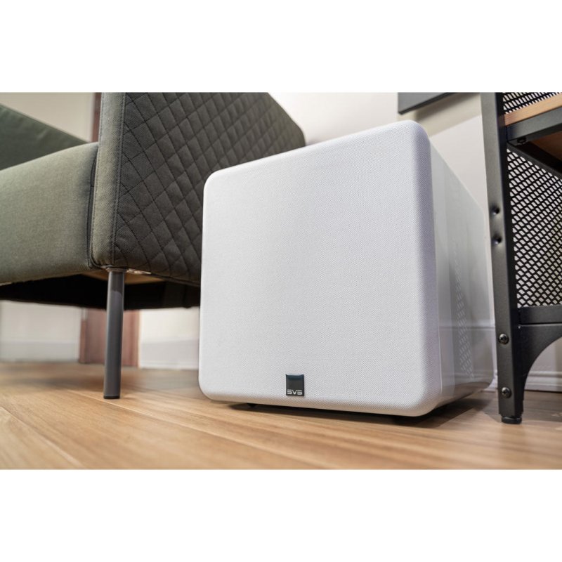 SVS SB-1000 Pro Subwoofer White Gloss — lifestyle view with grille on