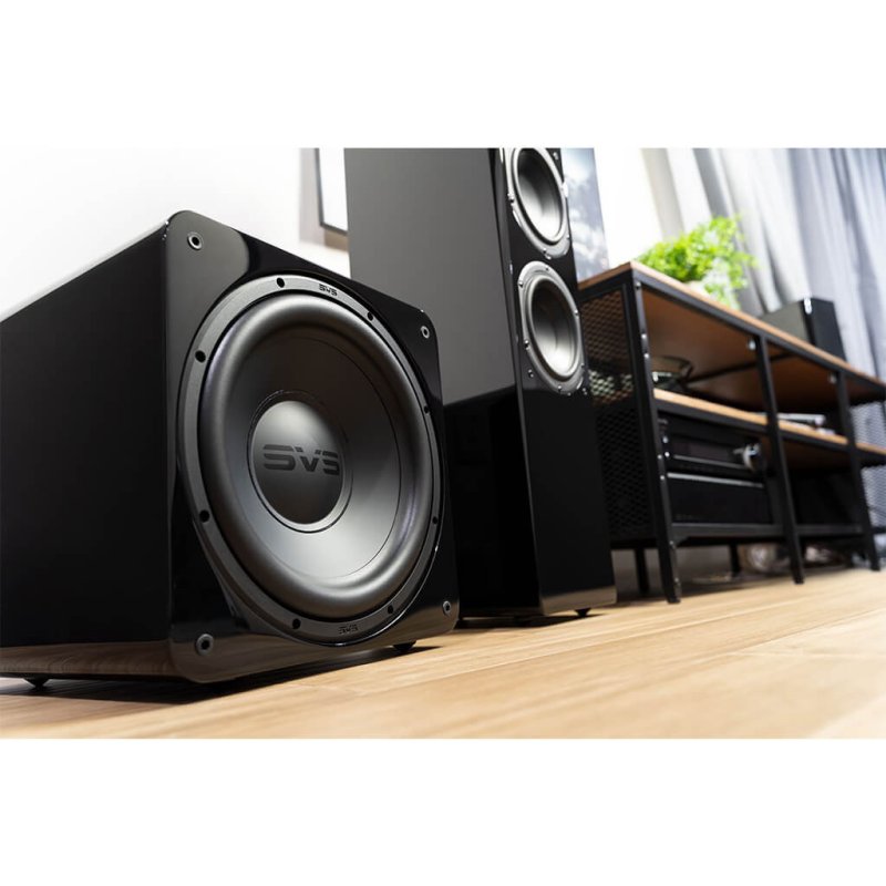SVS SB-1000 Pro Subwoofer Black Gloss — lifestyle view with SVS home theatre system