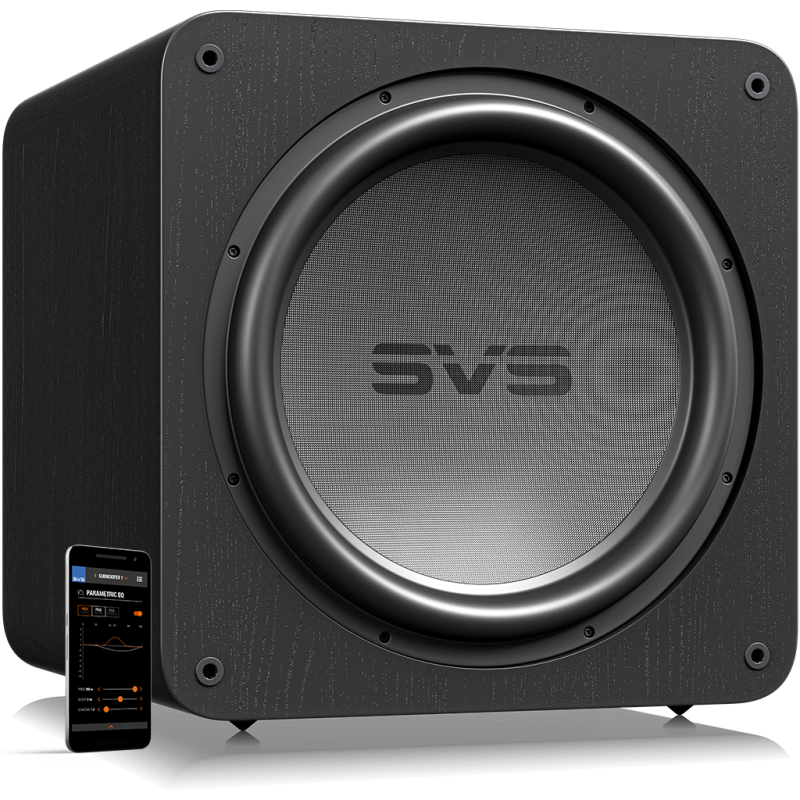 SVS SB17-Ultra Subwoofer Black Oak — angled hero shot with SVS smartphone app