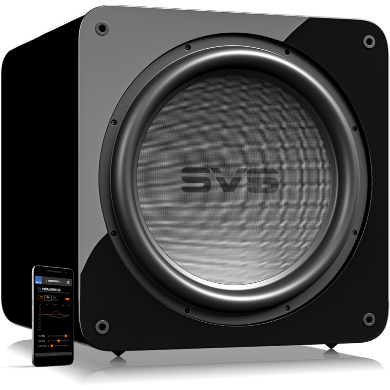 SVS SB17-Ultra Subwoofer Black Gloss — hero shot with smartphone app