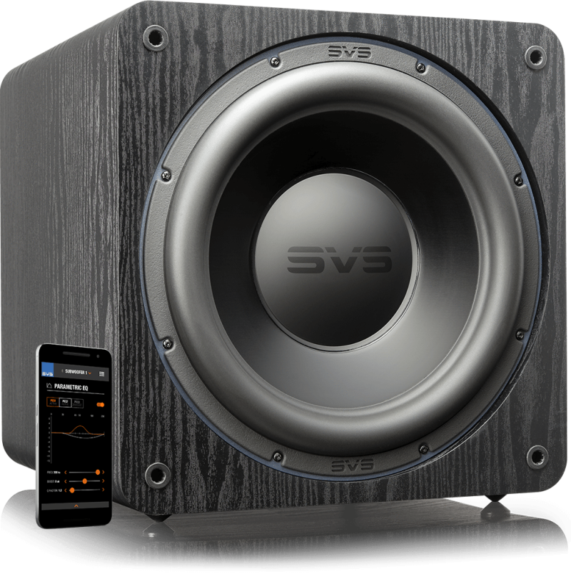 SVS SB-3000 Subwoofer Black Ash hero angle with SVS app