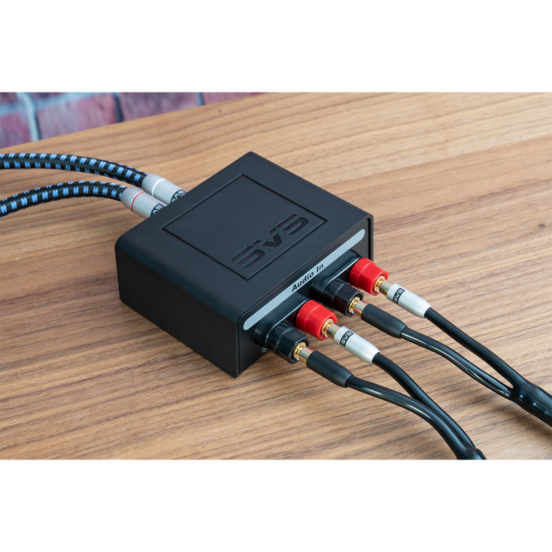 SVS SoundPath Speaker Level Subwoofer Adaptor — lifestyle with cables connected