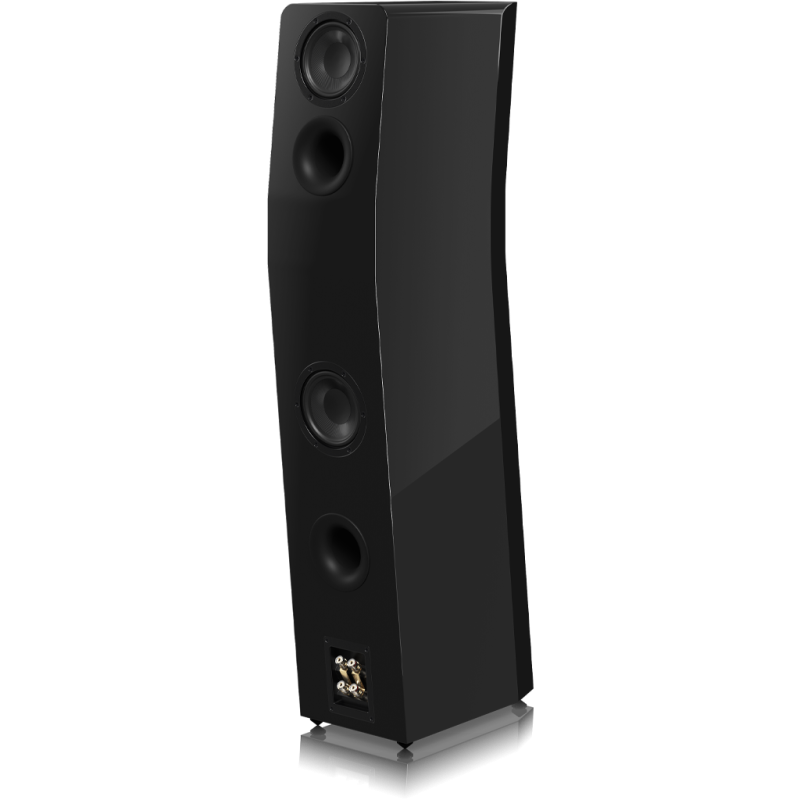 SVS Ultra Evolution Tower Speaker - Piano Gloss Black - Angled Front View with Drivers