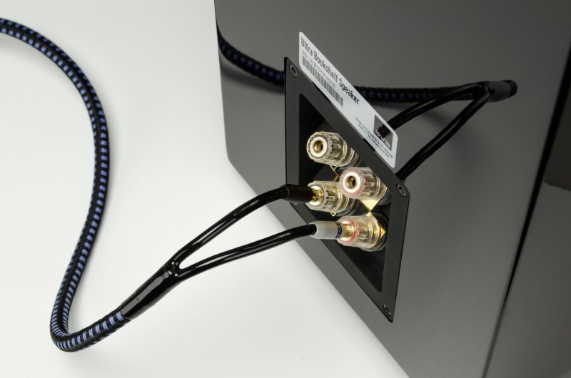 SVS SoundPath Ultra Speaker Cable 4mm Banana (15m Single) — banana plugs connected to speaker terminals