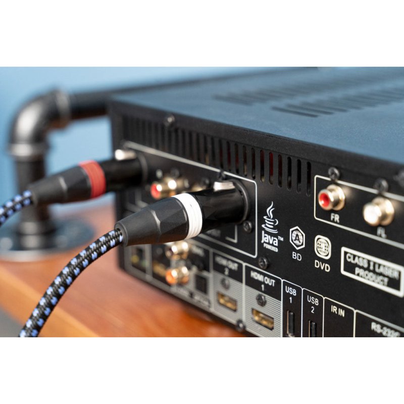 SVS SoundPath Balanced XLR Audio Cable (15m Single) — lifestyle, plugged into rear of AV receiver