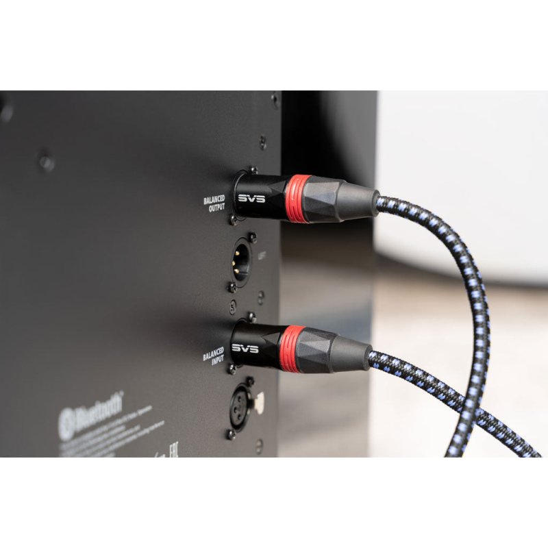 SVS SoundPath Balanced XLR Audio Cable (15m Single) — lifestyle, plugged into balanced input/output of subwoofer