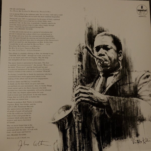 Gatefold left panel with Coltrane's Dear Listener address and Victor Kalin painting