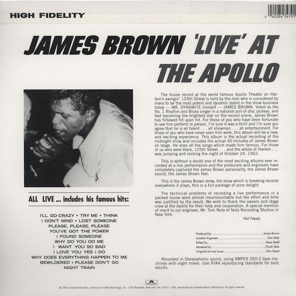 James Brown Live at the Apollo vinyl LP rear cover with tracklisting