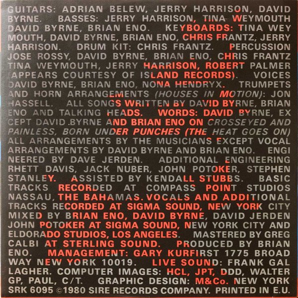 Talking Heads - Remain In Light (LP) Vinyl, printed inner sleeve credits