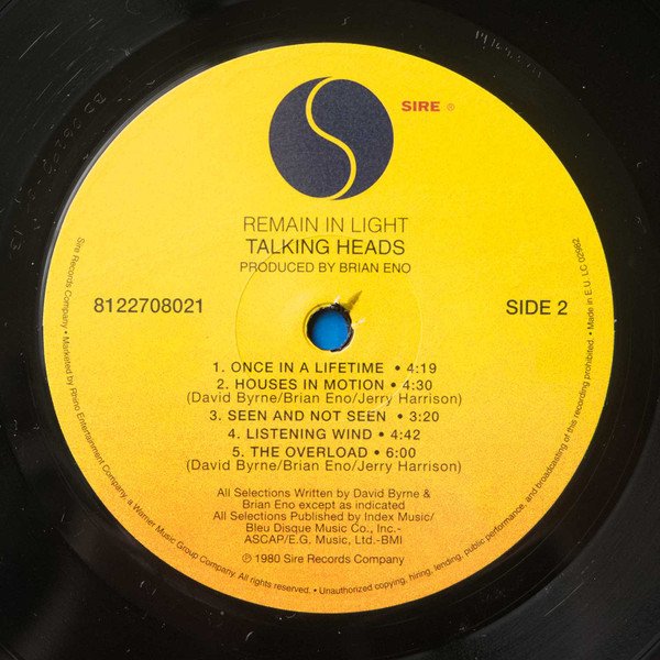 Talking Heads - Remain In Light (LP) Vinyl, side two record label