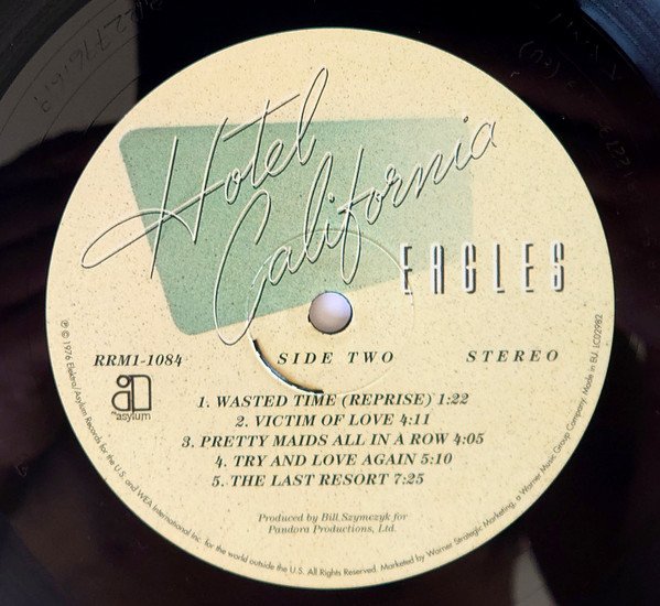 Eagles Hotel California LP record label side two