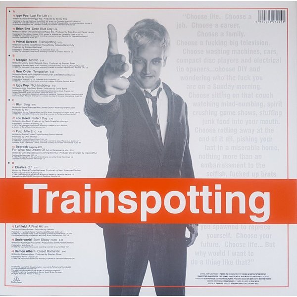 Trainspotting soundtrack 2LP rear cover with full tracklist