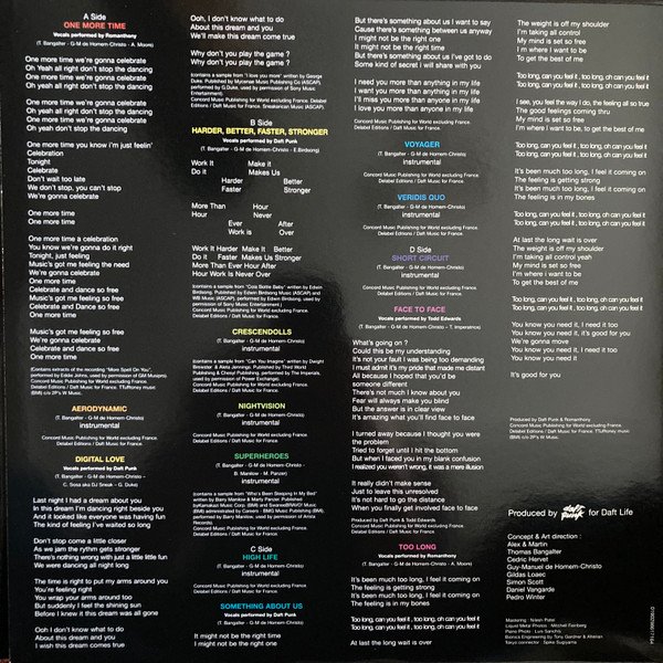 Daft Punk Discovery 2LP inner sleeve lyrics and credits