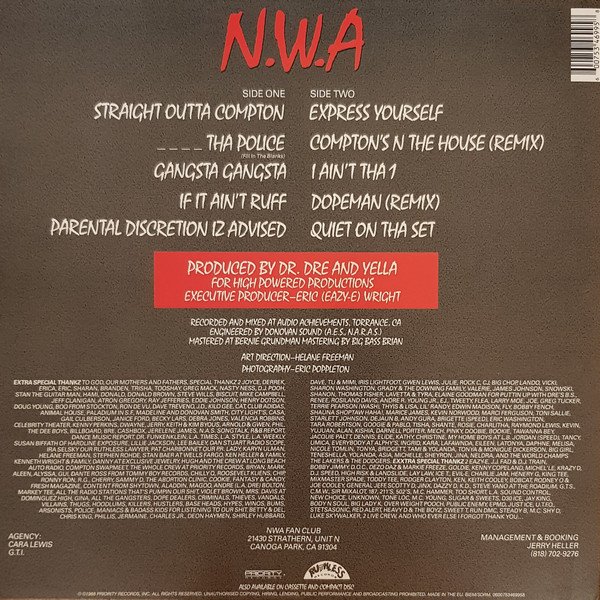 N.W.A. Straight Outta Compton vinyl LP rear cover with tracklisting