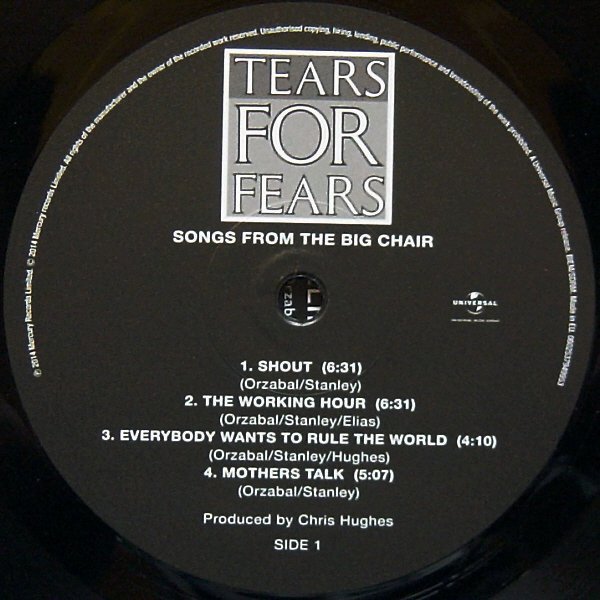 Tears For Fears - Songs From The Big Chair (LP) Vinyl, side 1 record label on black 180g vinyl