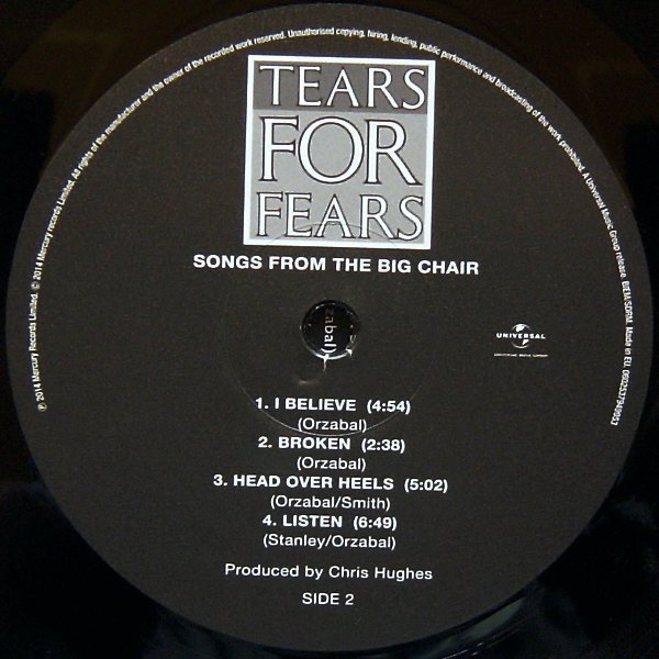 Tears For Fears - Songs From The Big Chair (LP) Vinyl, side 2 record label on black 180g vinyl