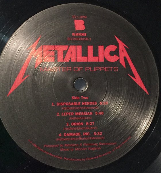Metallica Master Of Puppets side two Blackened Recordings label