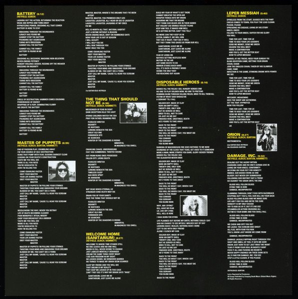 Metallica Master Of Puppets printed lyric sheet