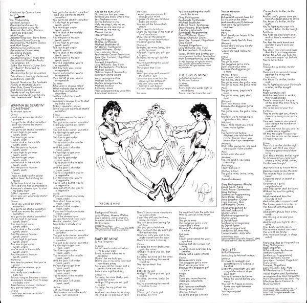 Michael Jackson Thriller LP gatefold interior with lyrics and credits