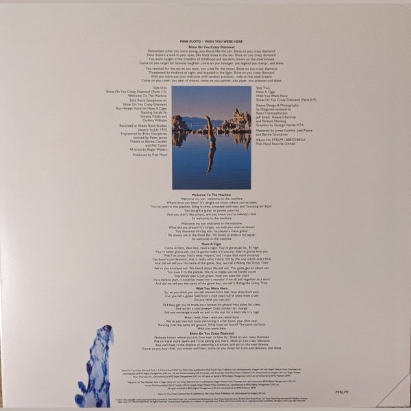 Pink Floyd Wish You Were Here LP inner sleeve with lyrics and credits