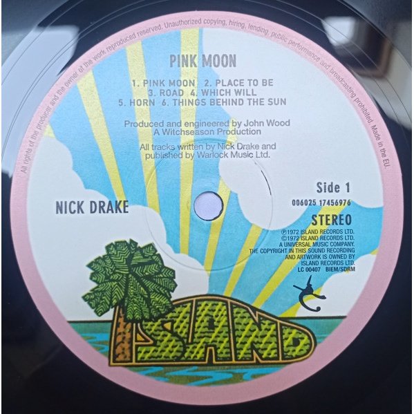 Nick Drake - Pink Moon (LP) Vinyl, pink rim Island record label side one with the track listing