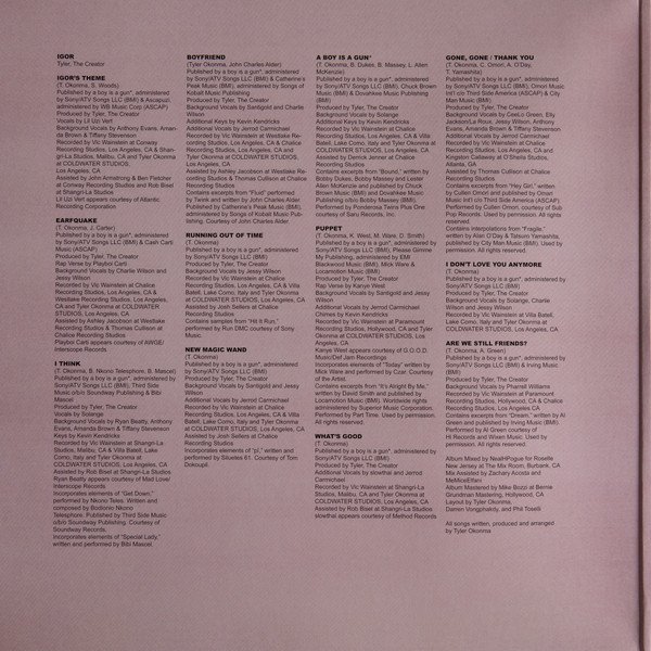 Tyler, The Creator - IGOR (LP) Vinyl, printed credits sheet listing all twelve tracks with full production credits
