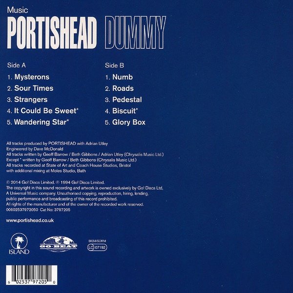 Portishead Dummy vinyl LP rear cover with tracklist and credits