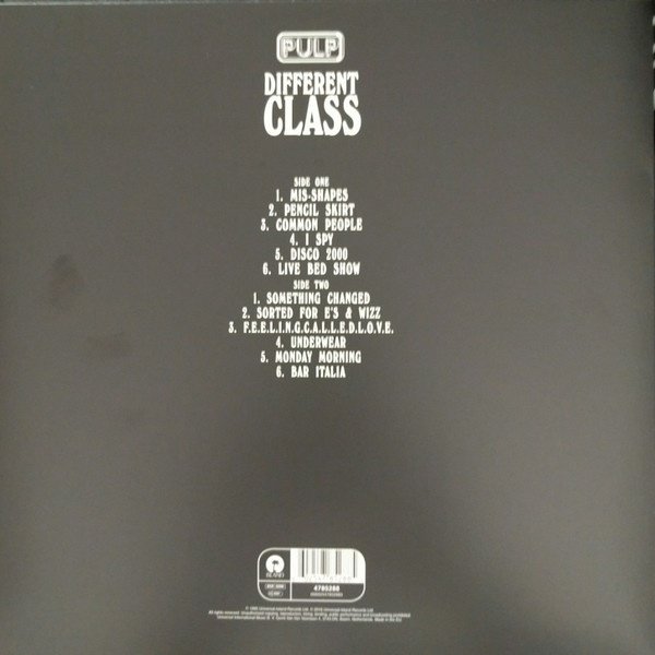 Pulp - Different Class (LP) Vinyl, rear sleeve with tracklist