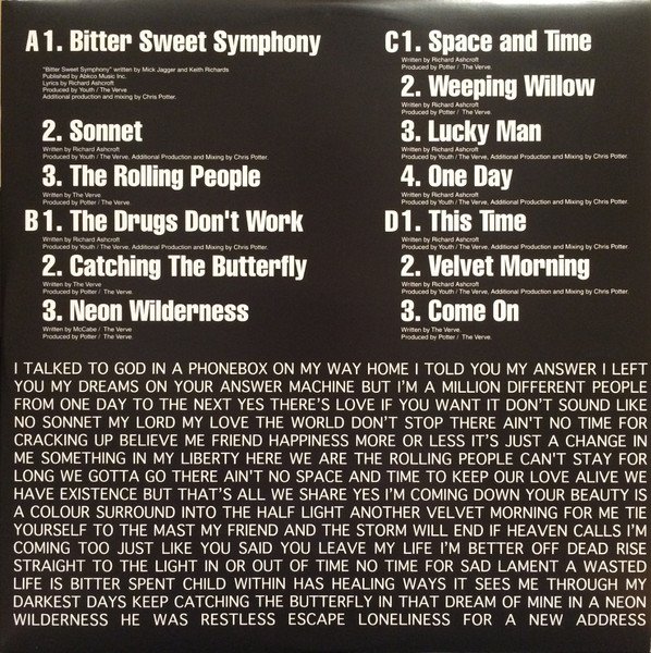 The Verve Urban Hymns printed inner sleeve with track listing and credits