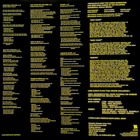 Metallica - Ride The Lightning (LP) Vinyl, printed lyric insert