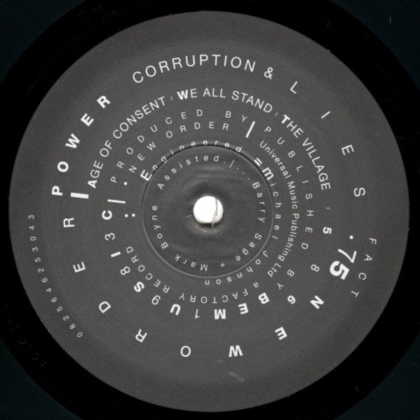 New Order Power, Corruption & Lies side one label, FACT 75, with the side one track listing