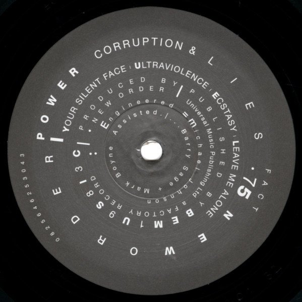 New Order Power, Corruption & Lies side two label, FACT 75, with the side two track listing