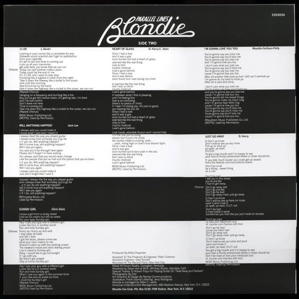 Blondie - Parallel Lines (LP) Vinyl, printed inner sleeve with side two lyrics and credit notes