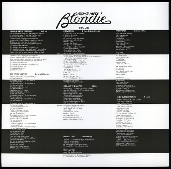 Blondie - Parallel Lines (LP) Vinyl, printed inner sleeve with side one lyrics
