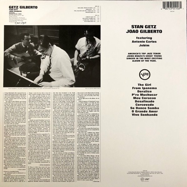 Stan Getz & Joao Gilberto - Getz/Gilberto (LP) Vinyl, rear sleeve with tracklist and sleeve notes