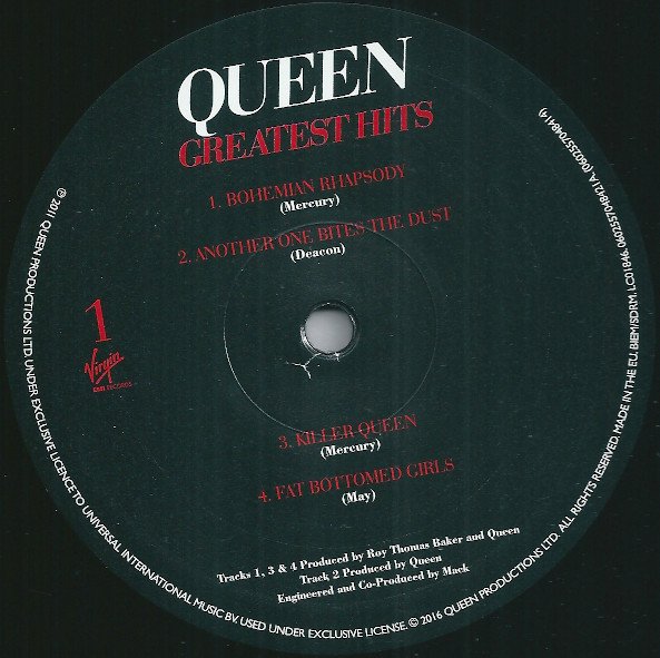 Queen Greatest Hits 2LP record label side one
