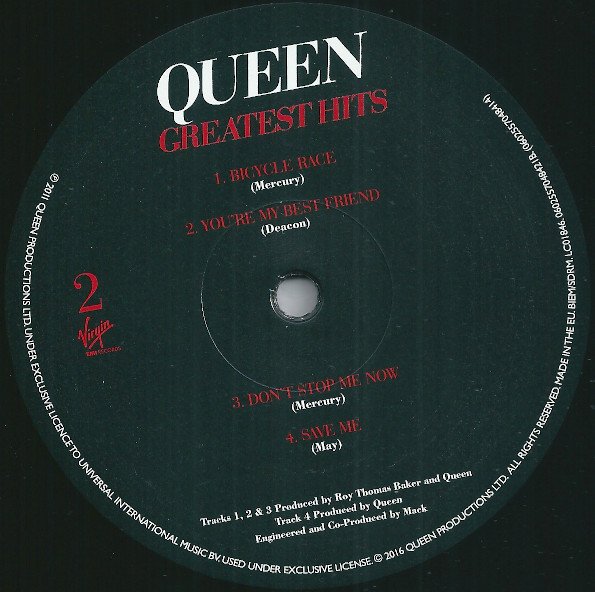 Queen Greatest Hits 2LP record label side two