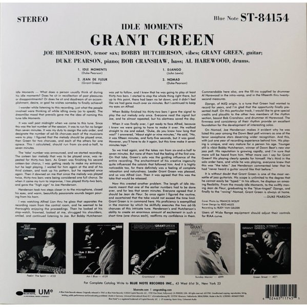 Grant Green - Idle Moments (LP) Vinyl, rear sleeve with Duke Pearson liner notes and track listing