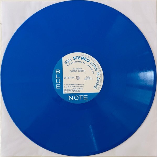 Grant Green - Idle Moments (LP) Vinyl, side 1 of the blue record showing the Blue Note label