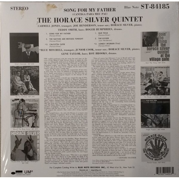 Horace Silver Song For My Father LP rear cover with tracklisting, personnel and Leonard Feather liner notes