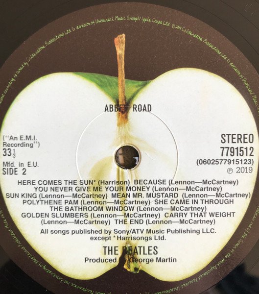 The Beatles Abbey Road side two sliced Apple label with the side two track listing