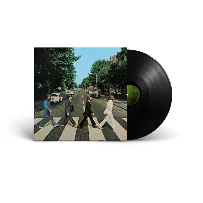 The Beatles Abbey Road 180 gram LP shown with the record beside its sleeve