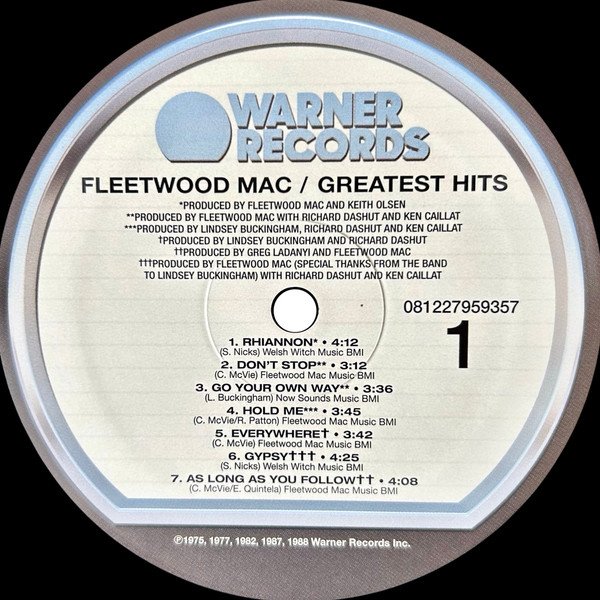 Fleetwood Mac - Greatest Hits (LP) Vinyl - Warner Records Side One Record Label
