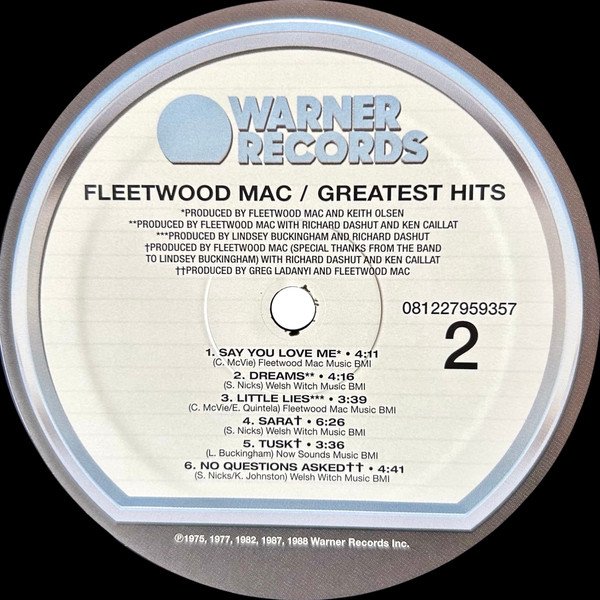 Fleetwood Mac - Greatest Hits (LP) Vinyl - Warner Records Side Two Record Label