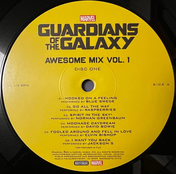 Guardians Of The Galaxy Deluxe Vinyl Edition, disc one Awesome Mix Vol. 1 label, side A